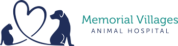 Logo of memorial villages animal hospital featuring a stylized cat and dog on either side of a heart, symbolizing pet pain management, in shades of blue and green.