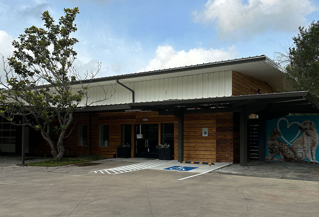 A single-story wooden building with a sloping metal roof, featuring a parking lot with a disabled parking space and a mural of veterinary acupuncture treatments on animals on one side.