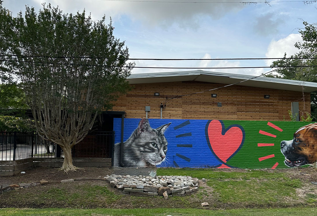 A mural on a brick building depicting a large cat's face in gray tones on the left and a dog's face in brown and black on the right, both next to a vibrant red heart with the