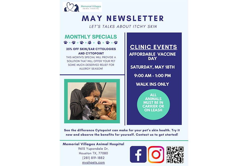 Flyer for memorial village animal hospital's may event on skin allergies, featuring a special offer, clinic event details, and a vet examining a dog. contact information and social media icons are included at the bottom.