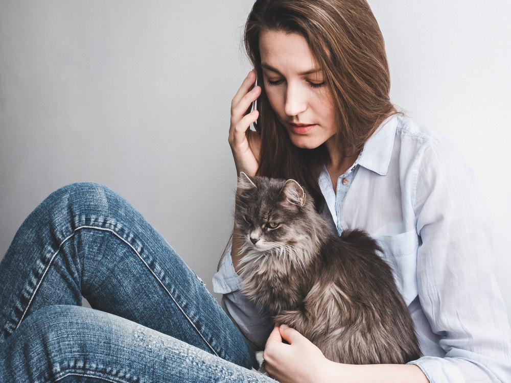 A woman with long brown hair, wearing a light blue shirt and blue jeans, sits on the floor against a white wall, talking on her phone. A fluffy gray cat is sitting on her lap, looking content.