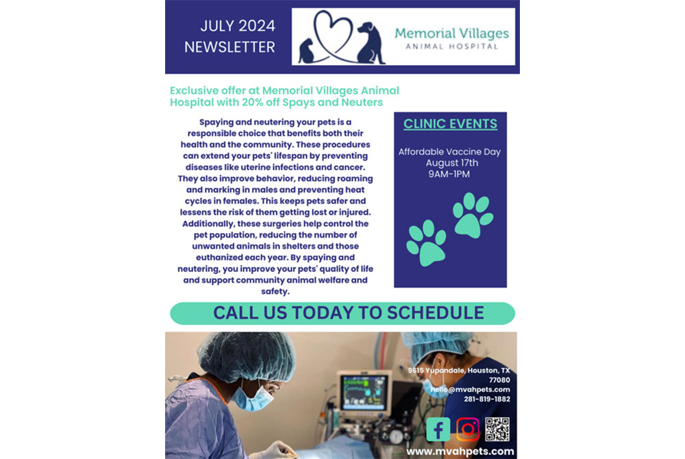 A newsletter for Memorial Villages Animal Hospital featuring a July 2024 announcement of a 20% discount on spays and neuters. It highlights the benefits of these procedures and promotes a clinic event offering affordable vaccines on August 17th from 9AM to 1PM.