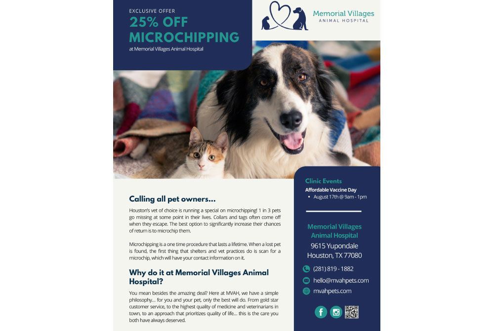 A flyer for Memorial Villages Animal Hospital offering 25% off microchipping. It features a dog and a cat looking at the camera. The flyer includes details about clinic events, services, and contact information, set against a blue background with white and teal text.