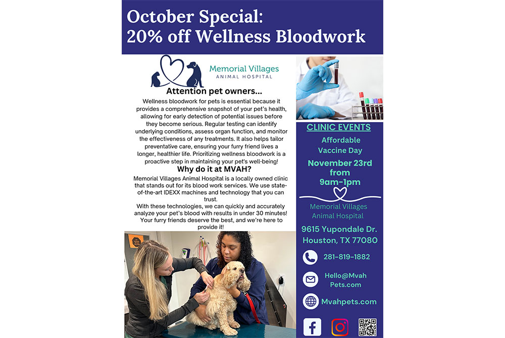 A promotional poster for Memorial Villages Animal Hospital featuring a 20% discount on wellness bloodwork in October. It includes clinic events, contact information, and an image of a veterinarian examining a dog with an assistant.