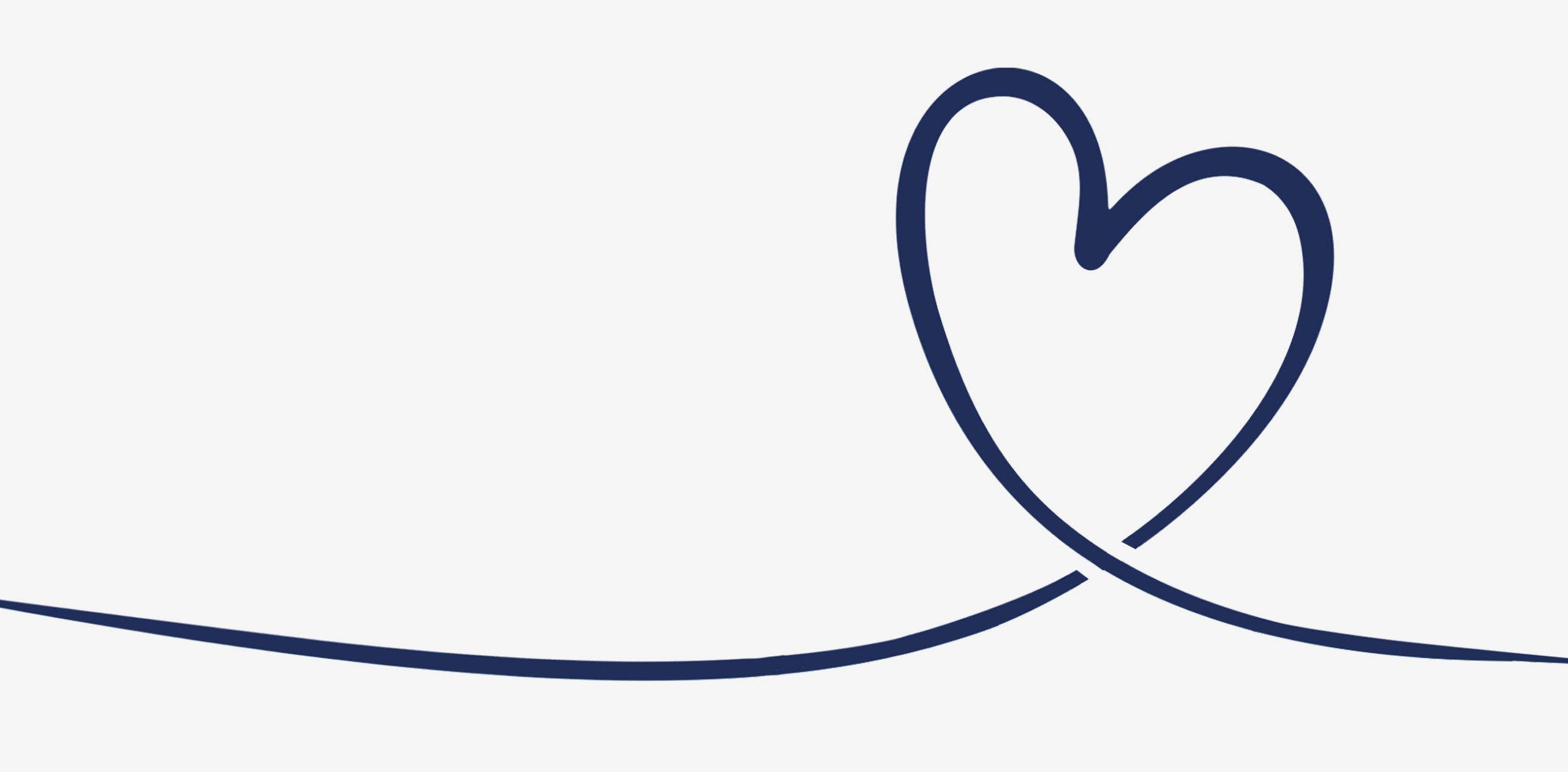 A simple navy blue line drawing forming a heart shape, with one end of the line extending horizontally across a light background.