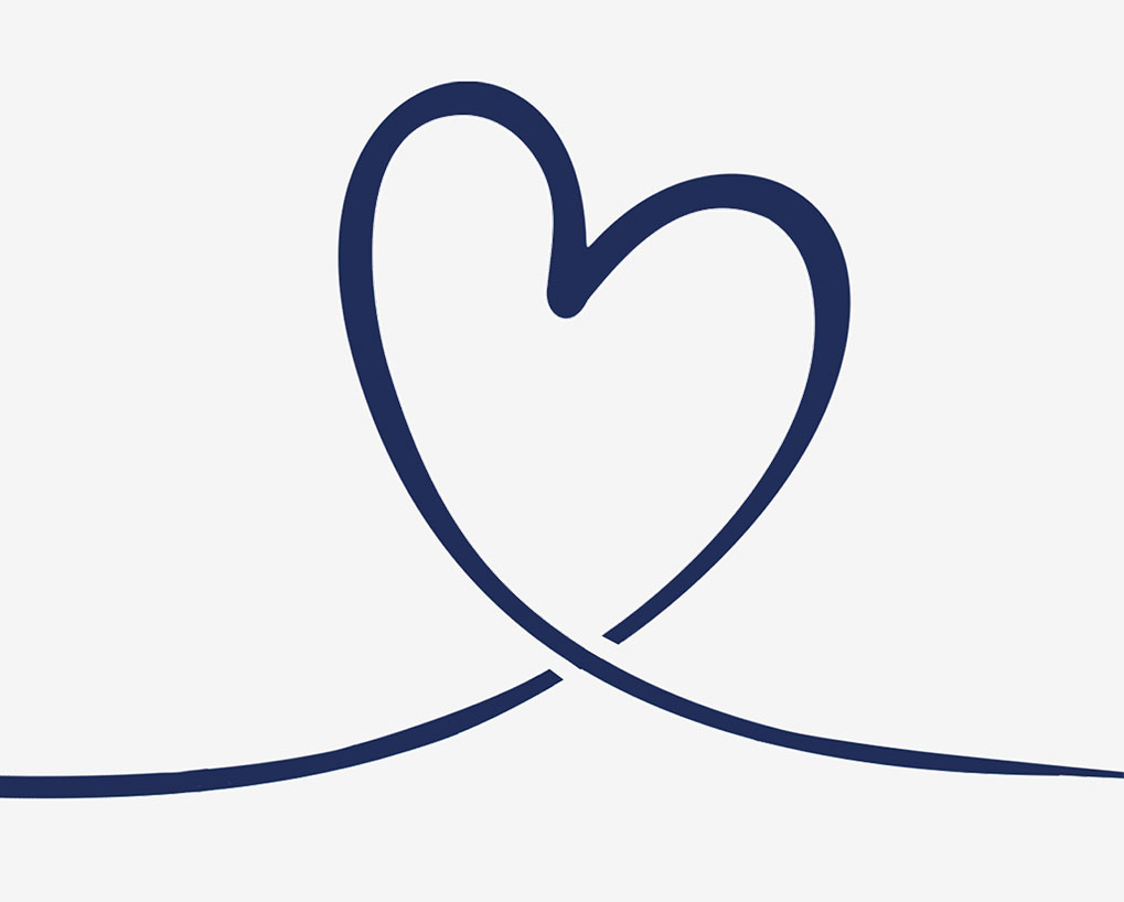 A simple dark blue line drawing of a heart shape, formed by a single continuous line on a plain light gray background.