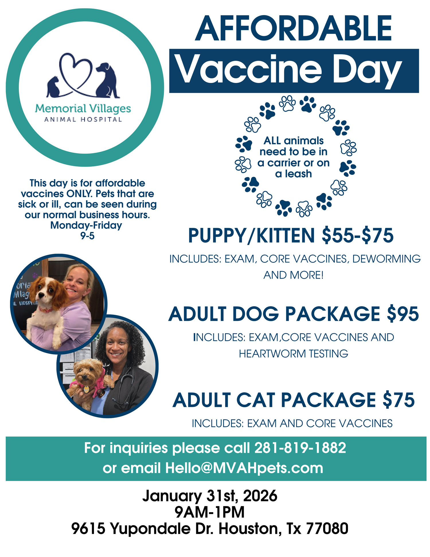 Flyer for “Affordable Vaccine Day” at Memorial Villages Animal Hospital, listing vaccine packages for puppies, kittens, adult dogs, and cats, with images of staff holding pets and event details for January 31, 2026, in Houston.